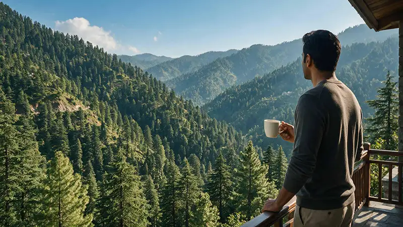 Man Enjoying Mountain Views with A Cup of Coffee