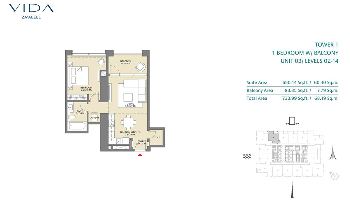 1 Bedroom Balcony, Unit 03 Level 2-14