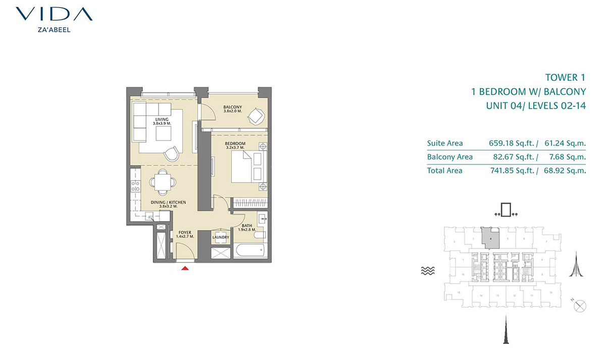 1 Bedroom Balcony, Unit 04 Level 2-14