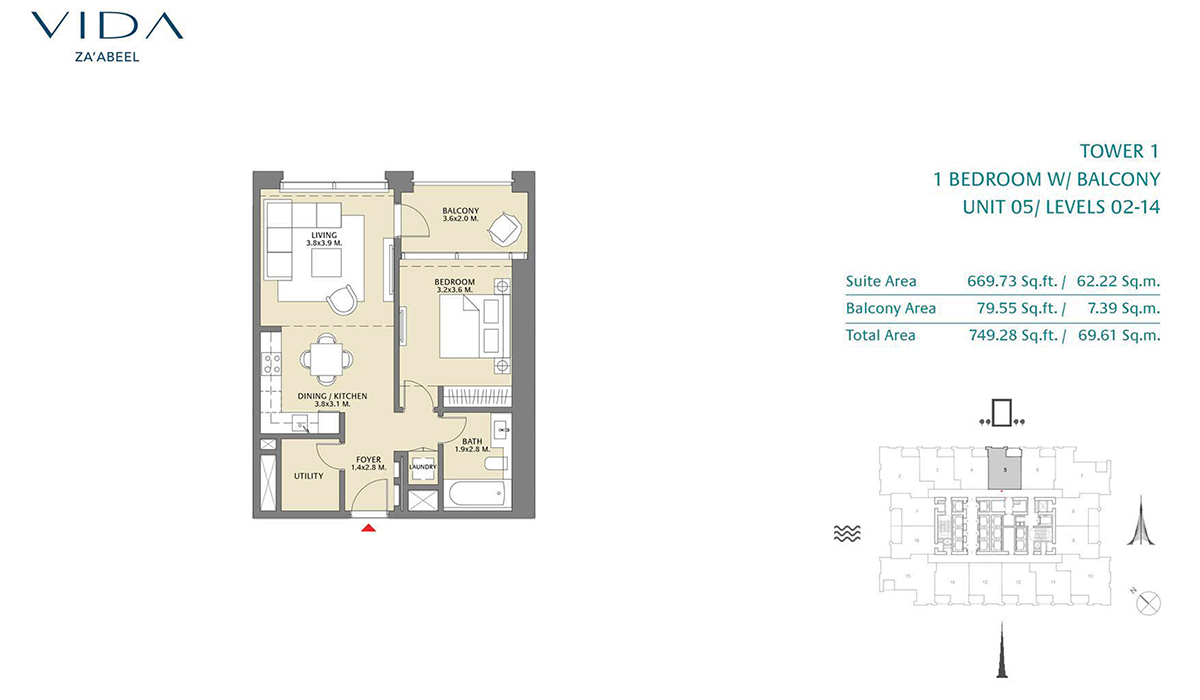1 Bedroom Balcony, Unit 05 Level 2-14