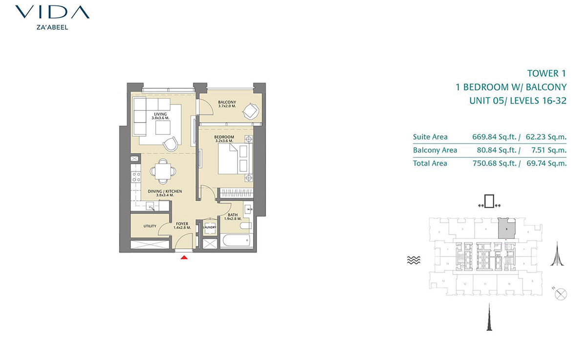 1 Bedroom Balcony, Unit 05 Level 16-32
