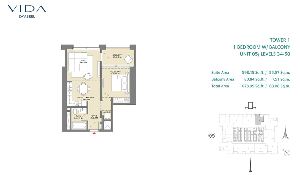 1 Bedroom Balcony, Unit 05 Level 34-50
