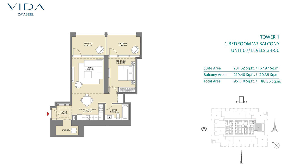 1 Bedroom Balcony, Unit 07 Level 34-50