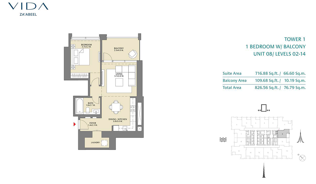 1 Bedroom Balcony, Unit 08 Level 2-14