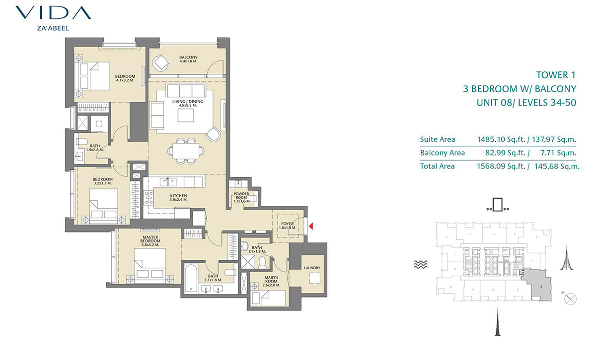 1 Bedroom Balcony, Unit 08 Level 34-50