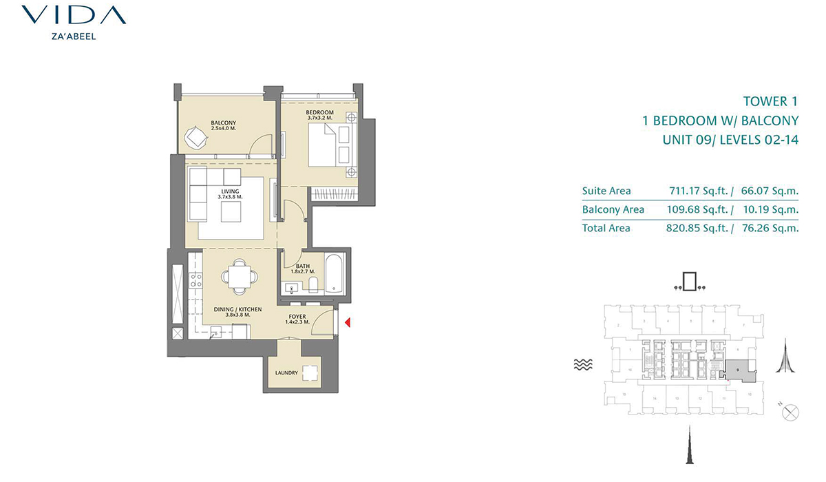 1 Bedroom Balcony, Unit 09 Level 2-14