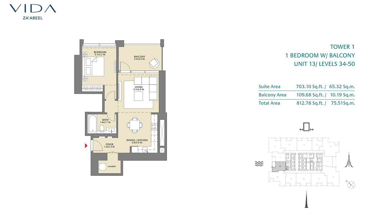 1 Bedroom Balcony, Unit 13 Level 34-50