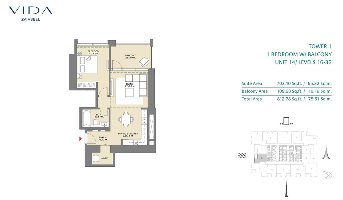 1 Bedroom Balcony, Unit 14 Level 16-32