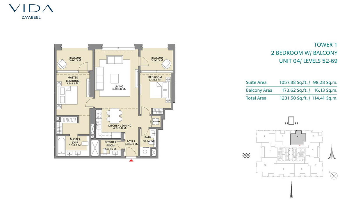 2 Bedroom Balcony, Unit 04 Level 52-69