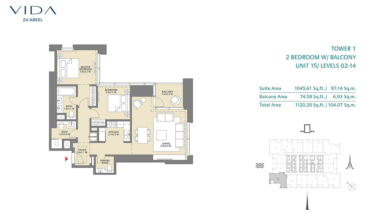 2 Bedroom Balcony, Unit 15 Level 2-14