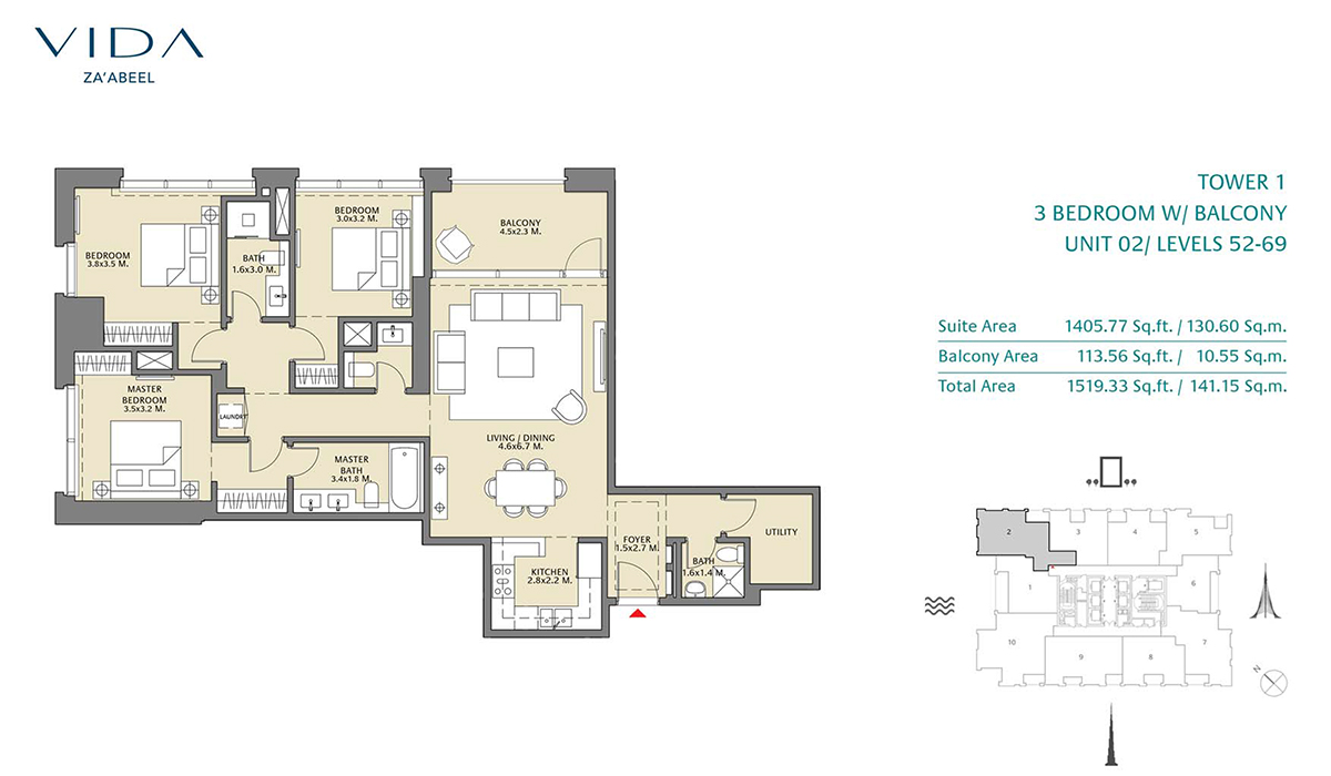 3 Bedroom Balcony, Unit 02 Level 52-69