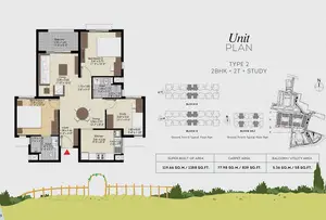 Type 2, 2BHK+2T+Study