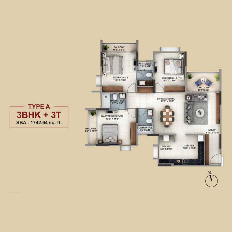 Type A, 3BHK+3T