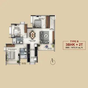 Type B, 3BHK+2T