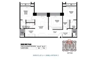 3 BHK Unit Plan, Jodi Flat, Option 2