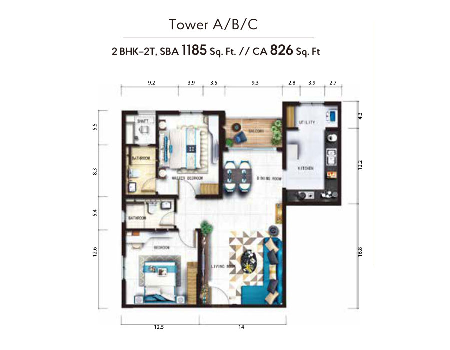 Tower-A,B,C, 2 BHK-2T