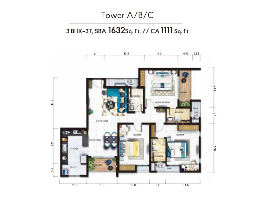 Tower-A,B,C, 3 BHK-3T