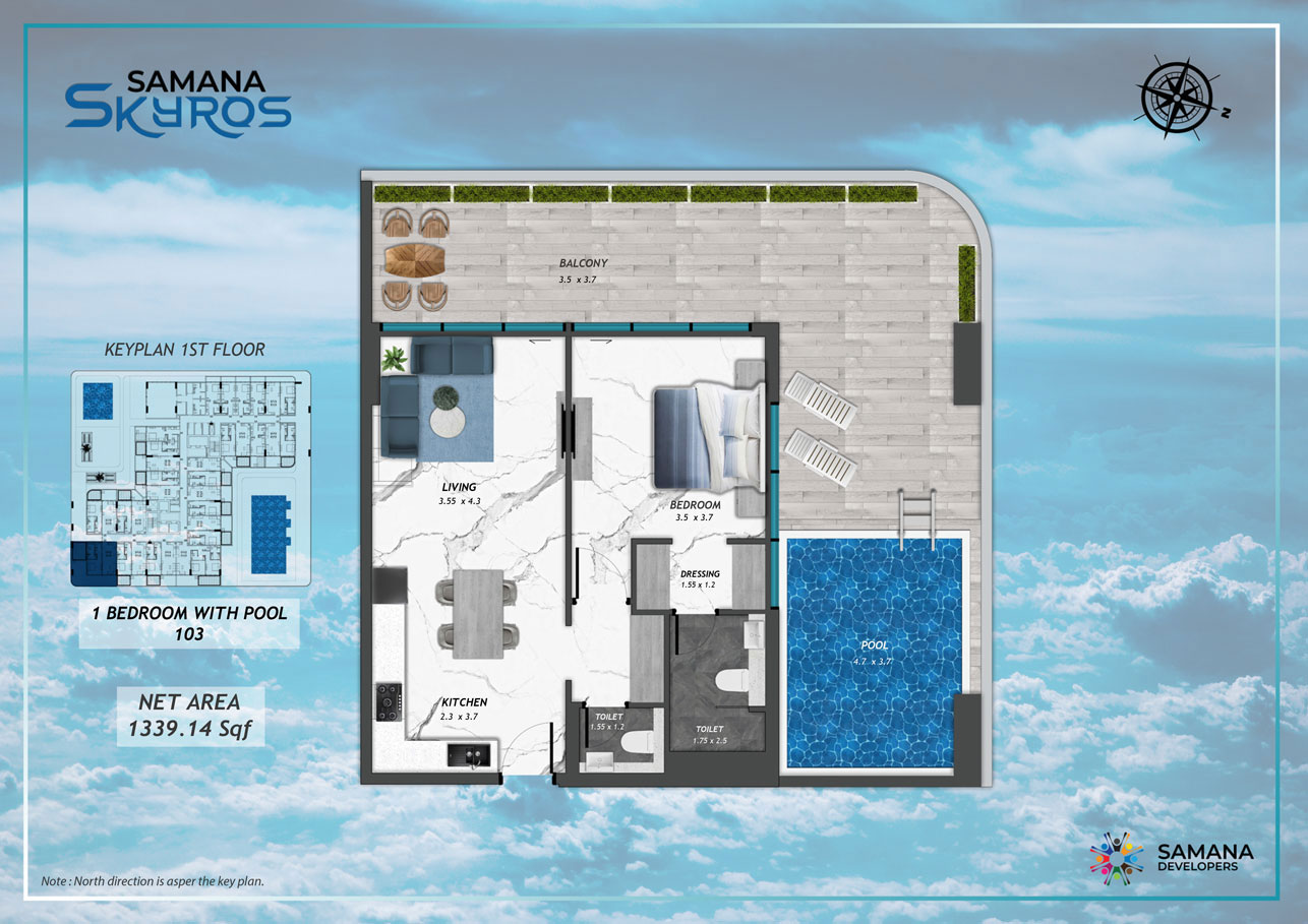 1st Floor, 1bhk with Pool 103
