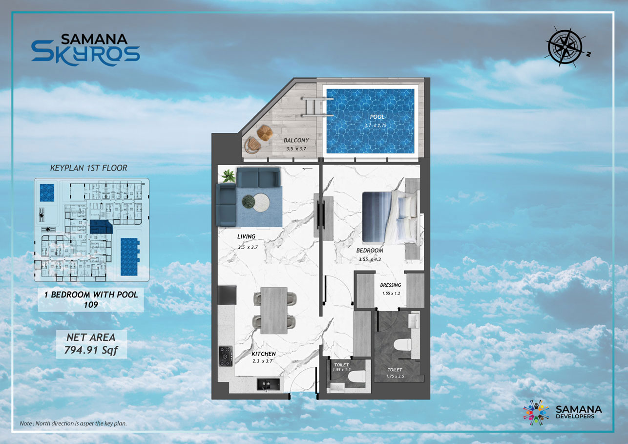 1st Floor, 1bhk with Pool 109