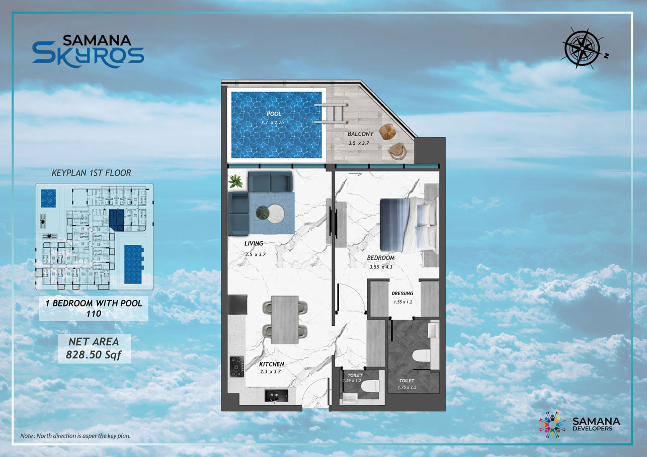 1st Floor, 1bhk with Pool 110