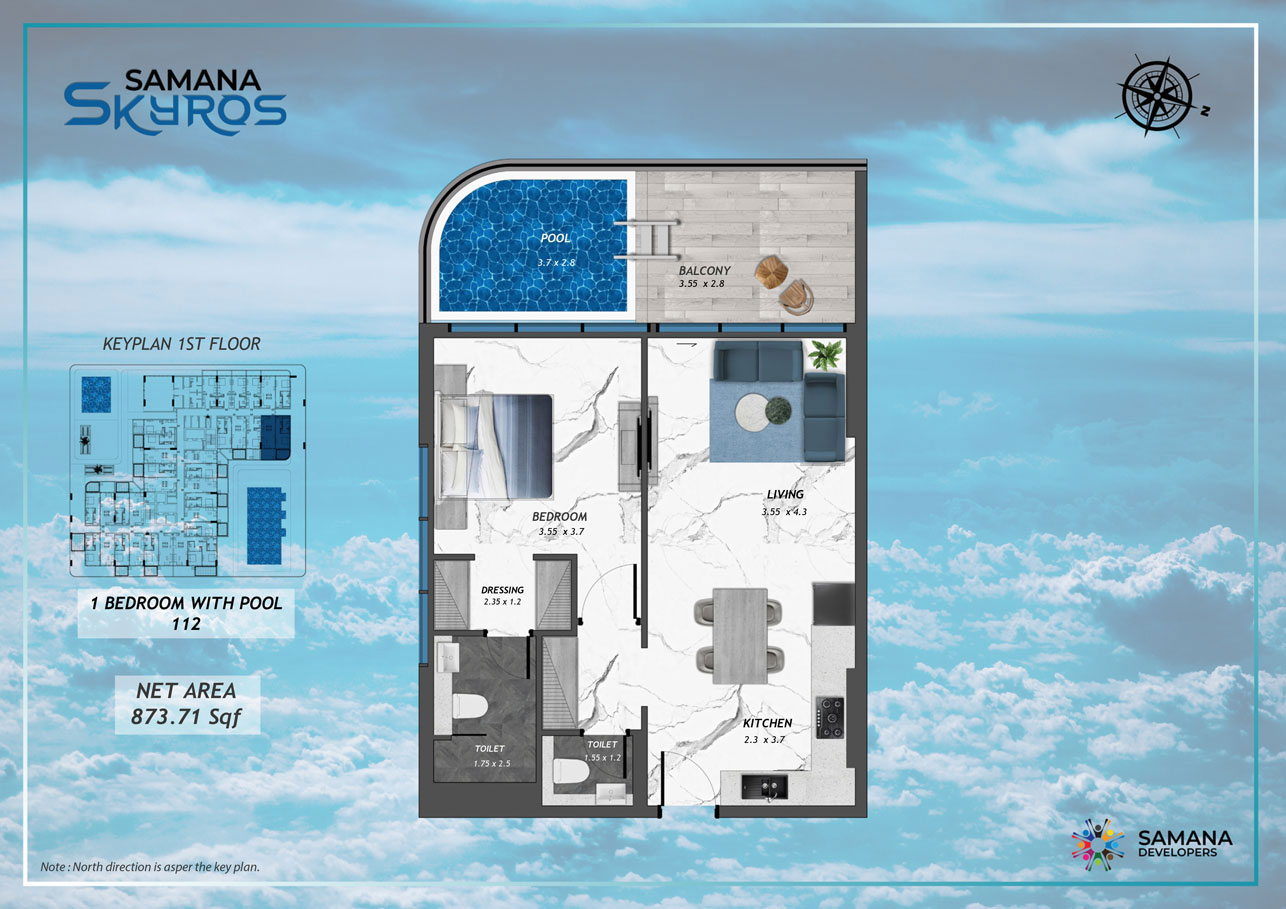 1st Floor, 1bhk with Pool 112