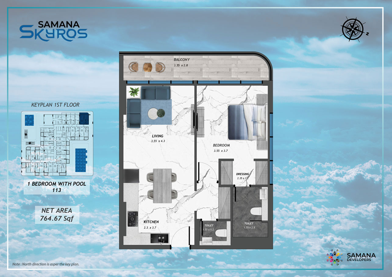 1st Floor, 1bhk with Pool 113