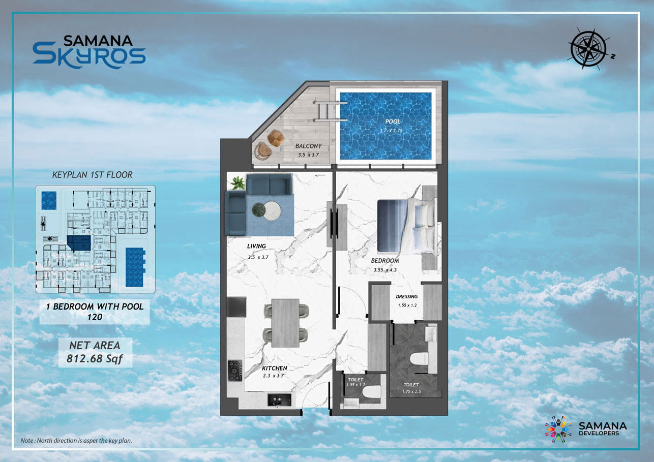 1st Floor, 1bhk with Pool 120