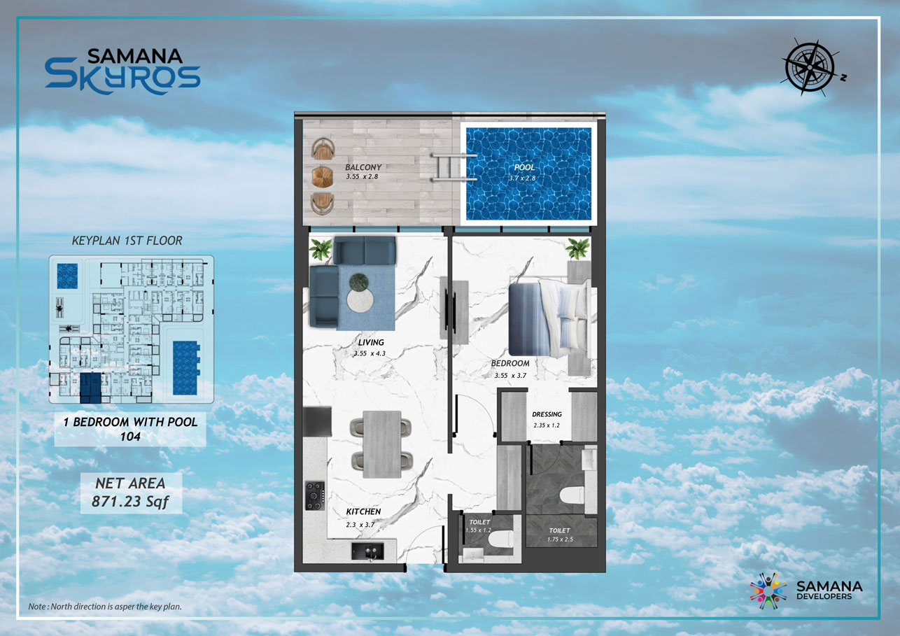 1st Floor, 1bk with Pool 104