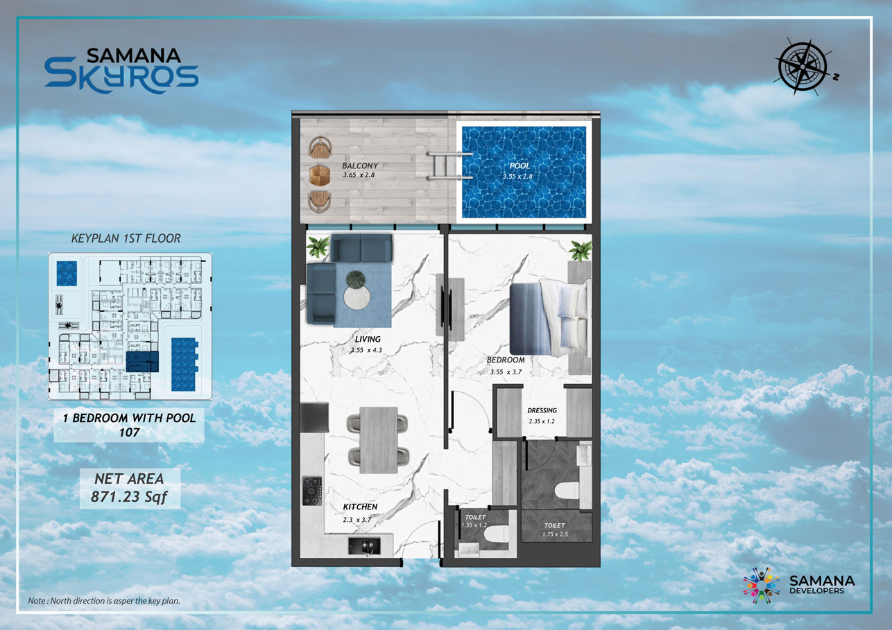 1st Floor, 1bk with Pool 107