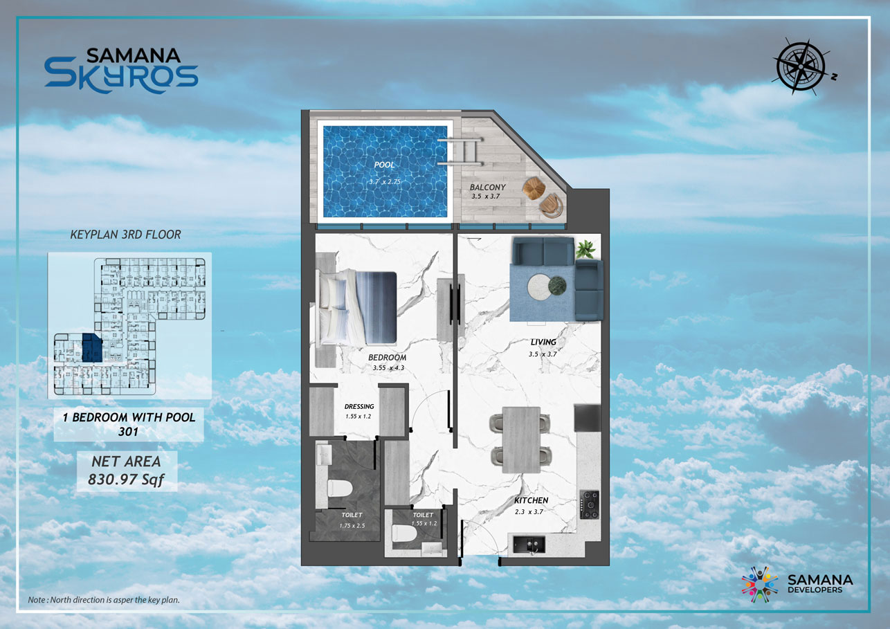 3rd Floor, 1bhk with Pool 301