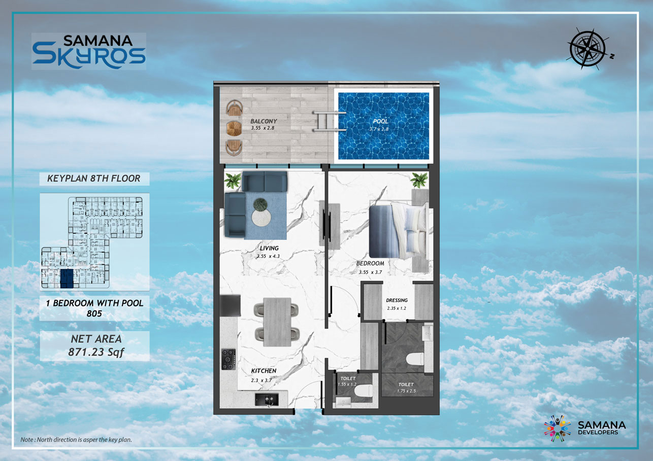 8th Floor, 1bhk with Pool 805