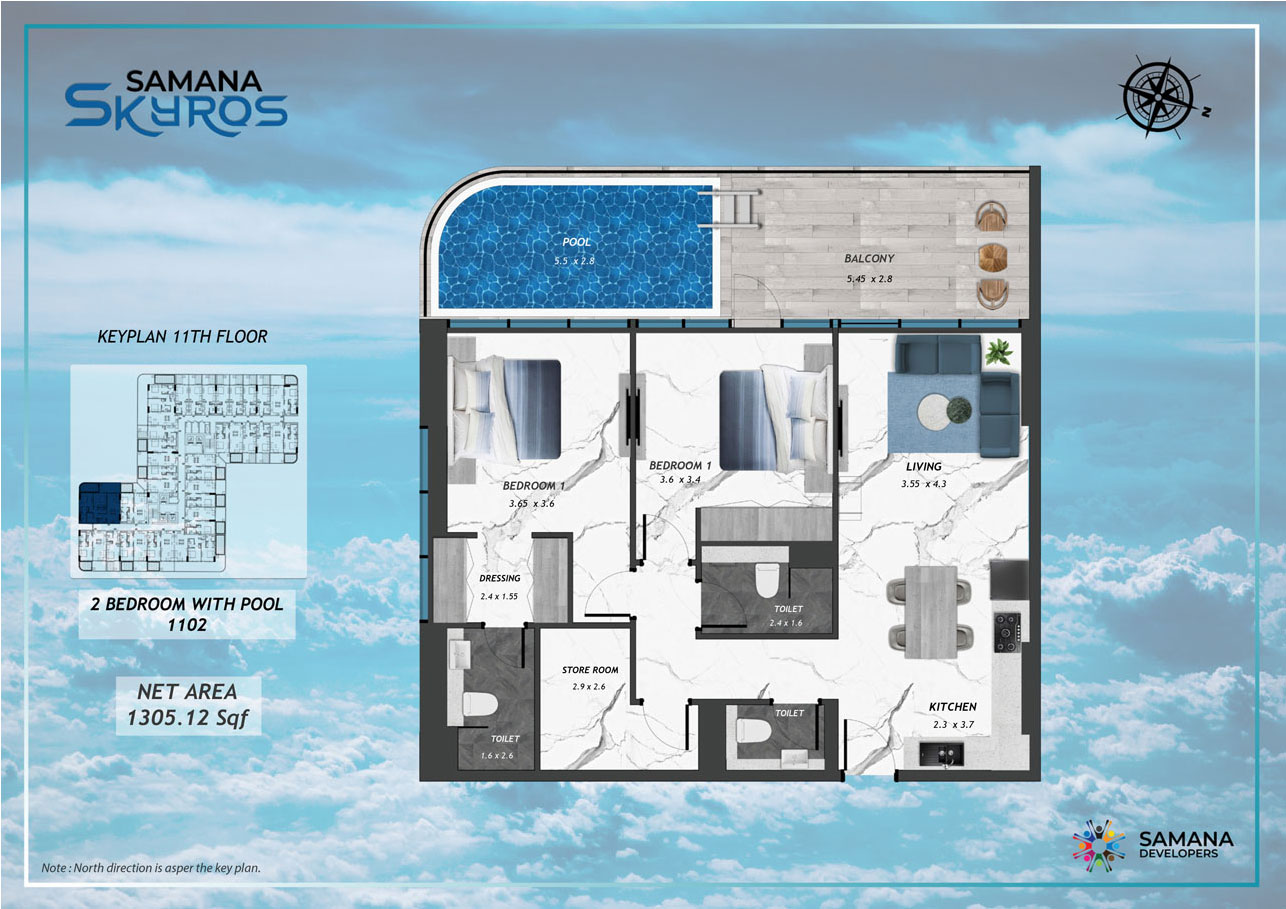 11th Floor, 2bhk with Pool 1102