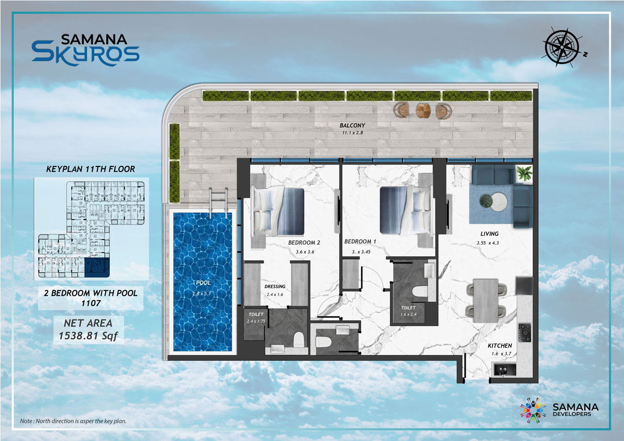 11th Floor, 2bhk with Pool 1107