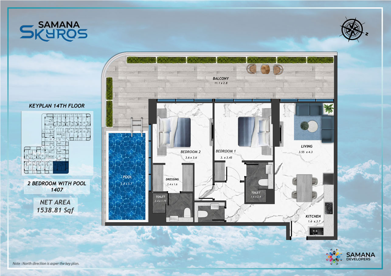 14th Floor, 2bhk with Pool 1407