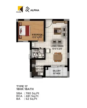 Type 17, 1BHK, 1BATH