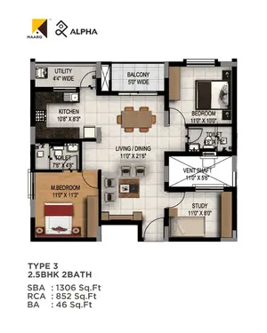 Type 3, 2.5BHK, 2BATH