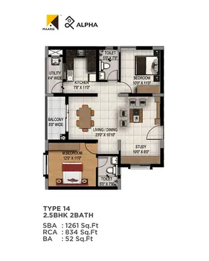 Type 14, 2.5BHK, 2BATH