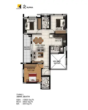 Type 1, 3BHK, 2BATH