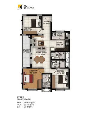 Type 2, 3BHK, 3BATH