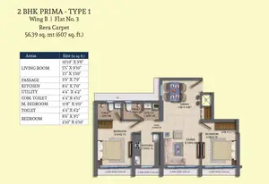 2BHK Prima, Type 1, Wing B, Flat No 3, Rera Carpet