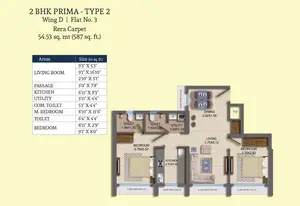 2BHK Prima, Type 2, Wing D, Flat No 3, Rera Carpet
