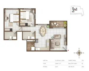 Type 2BHK+2T, Facing-East