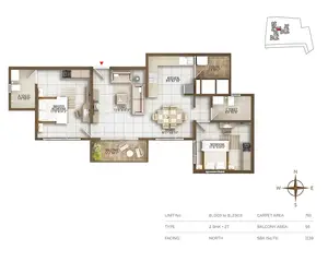 Type 2BHK+2T, Facing-North