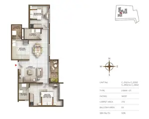 Type 2BHK+2T, Facing-West