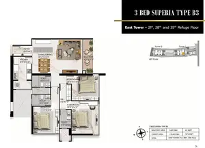 3 Bed Superia, Type B3, 21st, 28th and 35th Refuge Floor