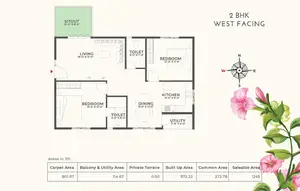 2 BHK, West Facing, Balcony & Utility Area-114.67