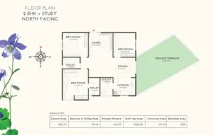 2 BHK + Study North Facing, Private Terrace