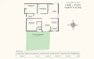 2 BHK + Study North Facing, Private Terrace