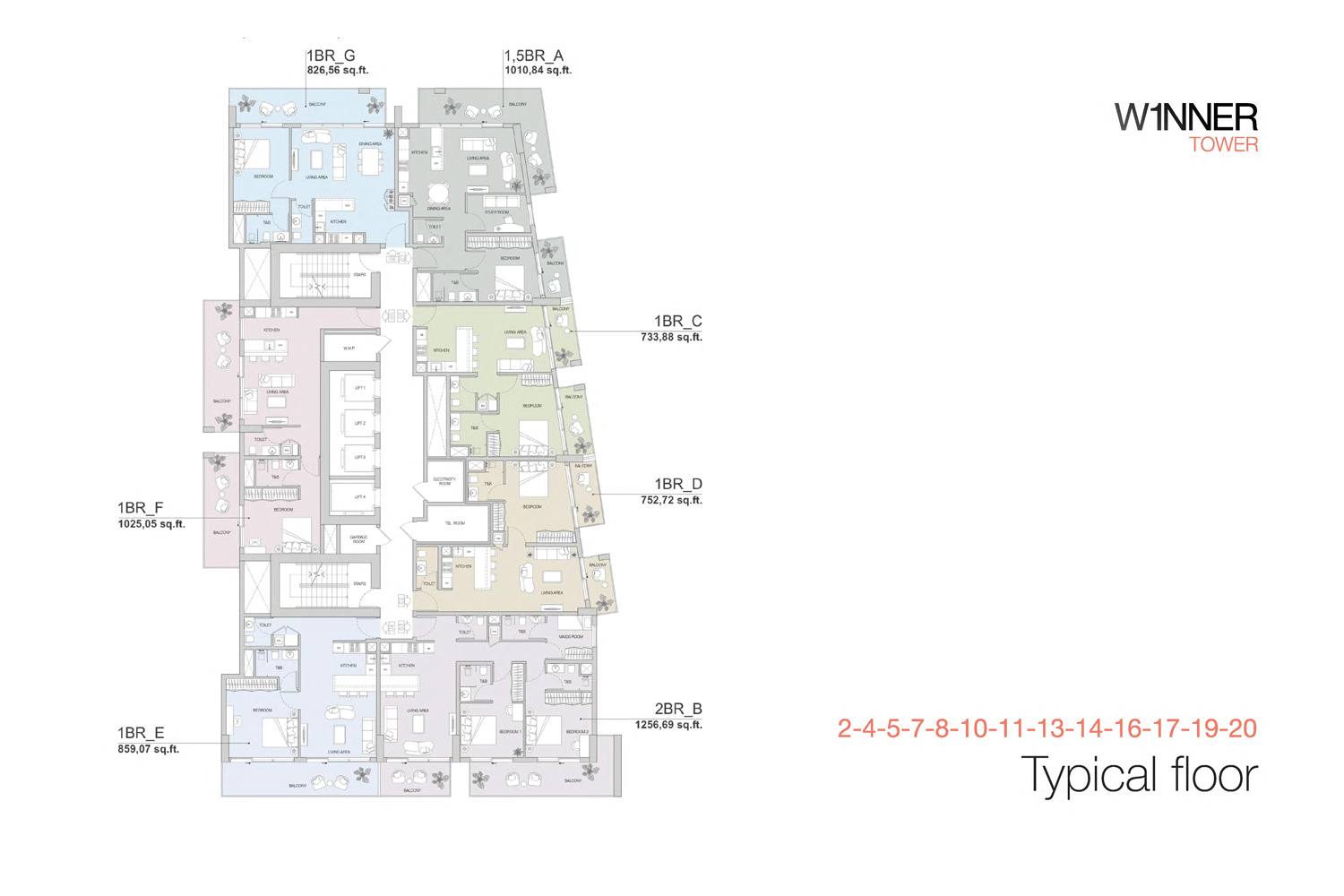 Typical Floor Plan, 2, 4, 5, 7, 8, 10, 11, 13, 14, 16, 17, 19, 20