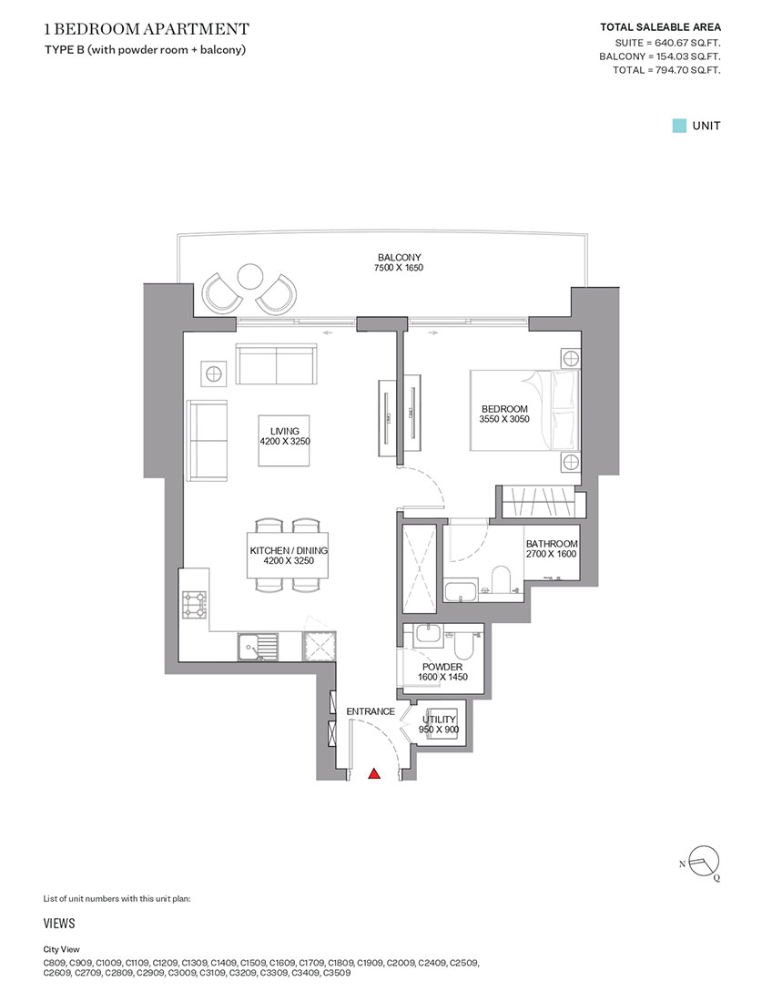 Type B, with Powder Room & Balcony